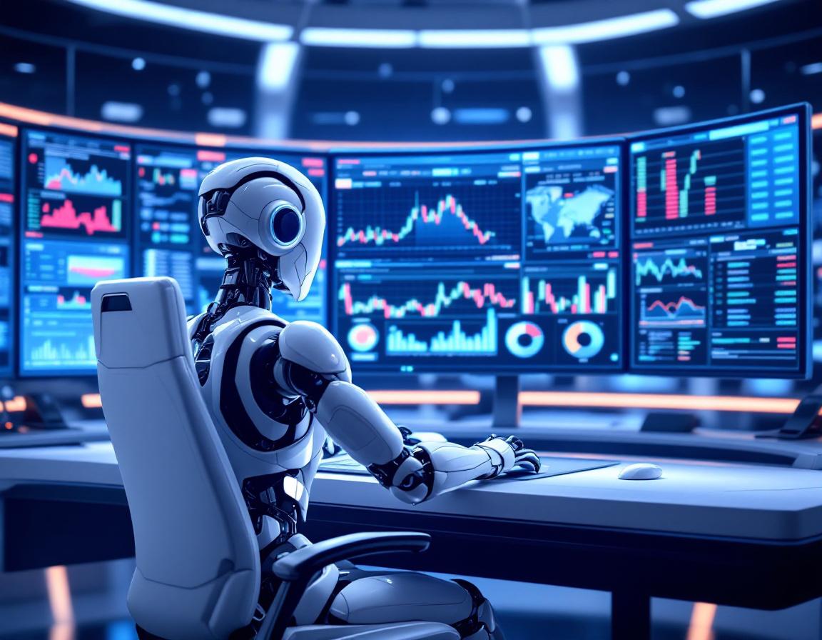 A futuristic AI trading bot analyzes data at a sleek workstation with multiple market screens.