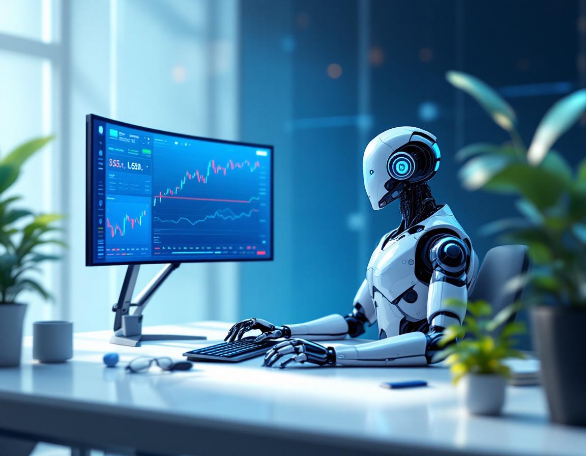 A humanoid AI trading bot analyzes market data at a high-tech workstation surrounded by screens.