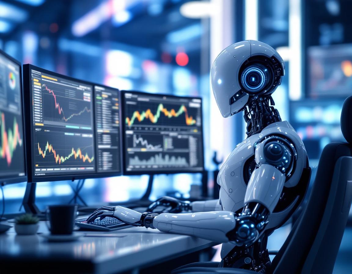 A humanoid AI trading bot at a workstation analyzes market data across multiple glowing screens.