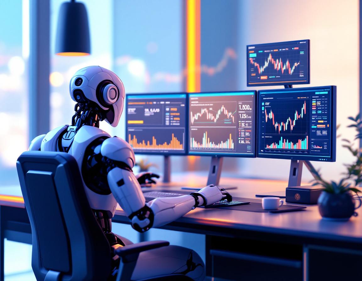 A hyper-realistic AI trading bot at a sleek workstation, analyzing market data on multiple screens.