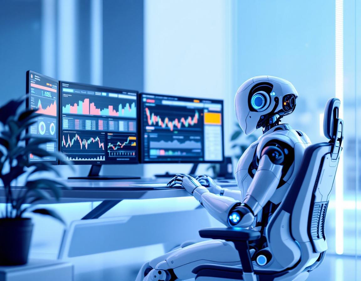 A humanoid AI trading bot analyzes market data at a futuristic workstation with dynamic screens.