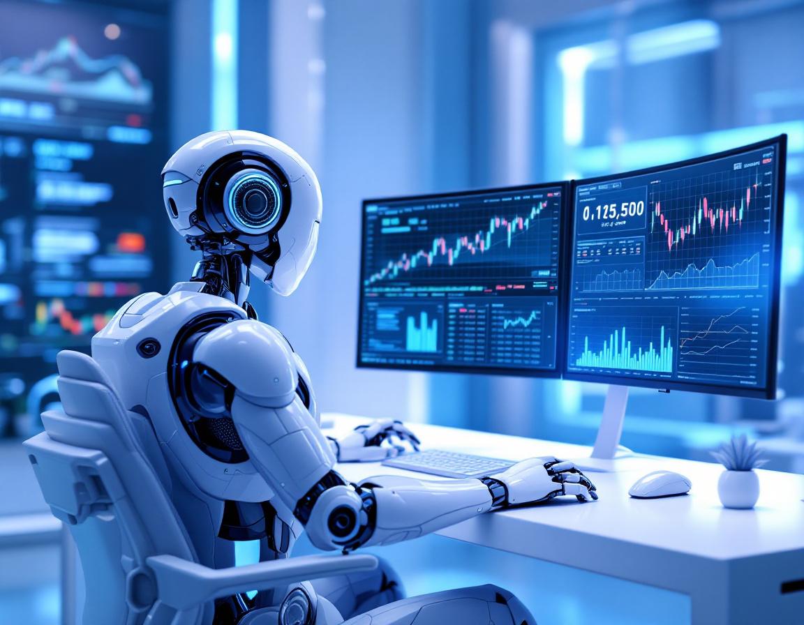 A sleek humanoid AI trading bot at a high-tech workstation analyzing market data on glowing screens.