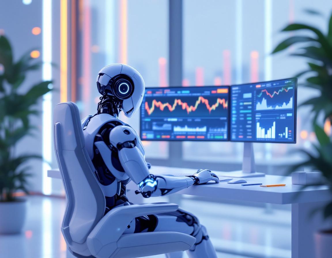 A hyper-realistic AI trading bot at a workstation, analyzing market data on multiple screens.