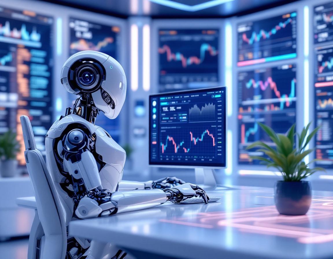 A humanoid AI trading bot at a high-tech workstation analyzing market data on multiple screens.