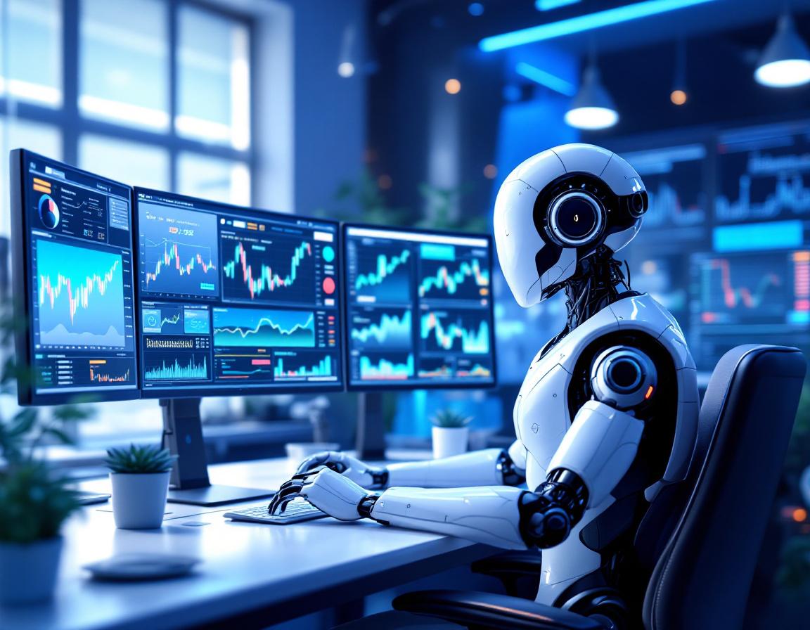A hyper-realistic AI trading bot seated at a workstation, analyzing market data on multiple screens.