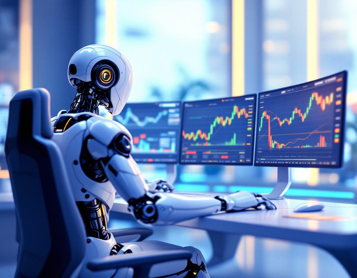 A humanoid AI trading bot at a high-tech workstation analyzing market data on multiple screens.