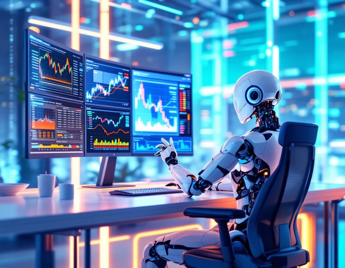 A hyper-realistic AI trading bot at a workstation, analyzing crypto markets with multiple screens.
