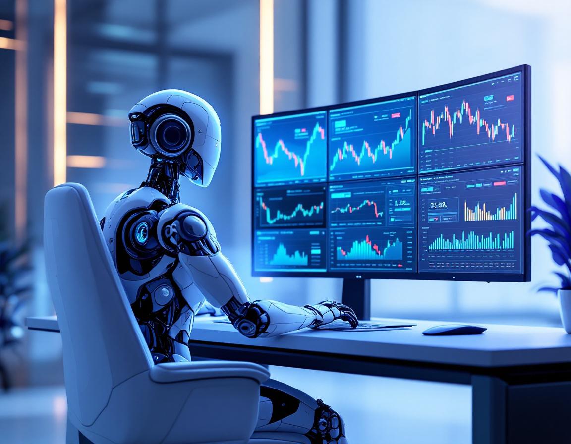 A humanoid AI trading bot at a sleek workstation, analyzing crypto data on multiple glowing screens.
