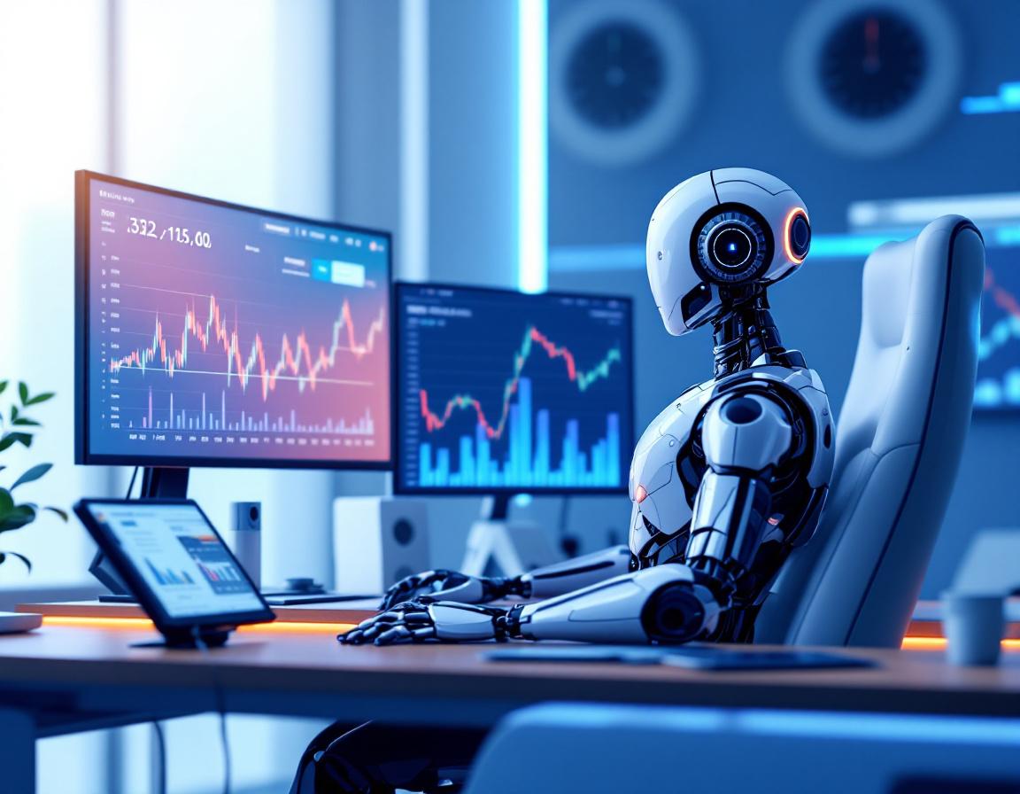 A humanoid AI trading bot at a high-tech workstation analyzes market data across multiple screens.