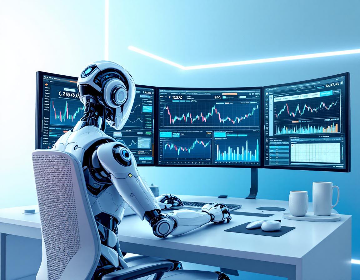 A humanoid AI trading bot analyzes market data at a futuristic workstation with multiple screens.
