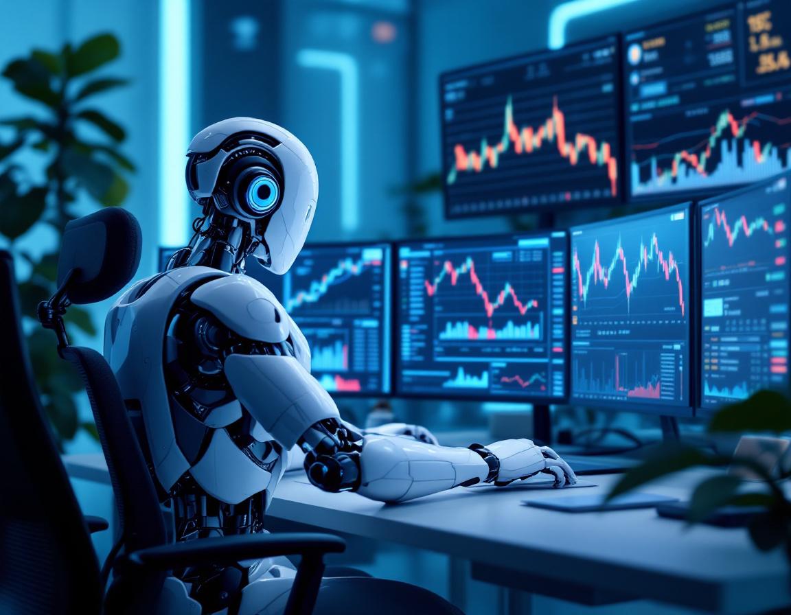 A humanoid AI trading bot at a workstation, analyzing market data on multiple screens in blue tones.