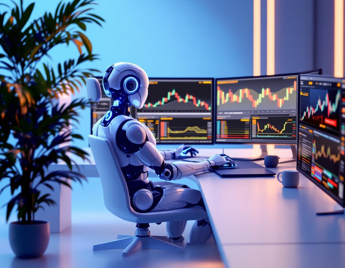 A hyper-realistic AI trading bot in a futuristic environment, analyzing data and executing trades.