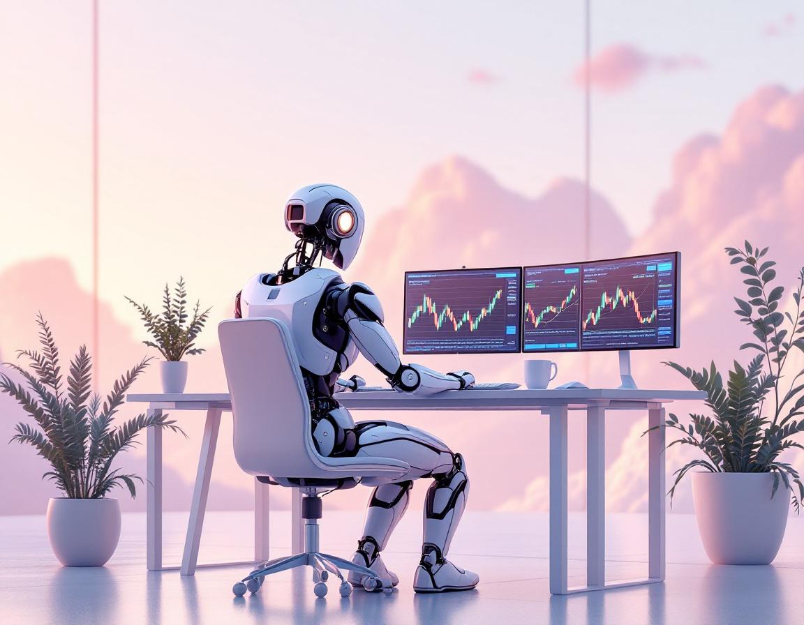 A humanoid AI trading bot at a high-tech workstation, analyzing market data on multiple screens.