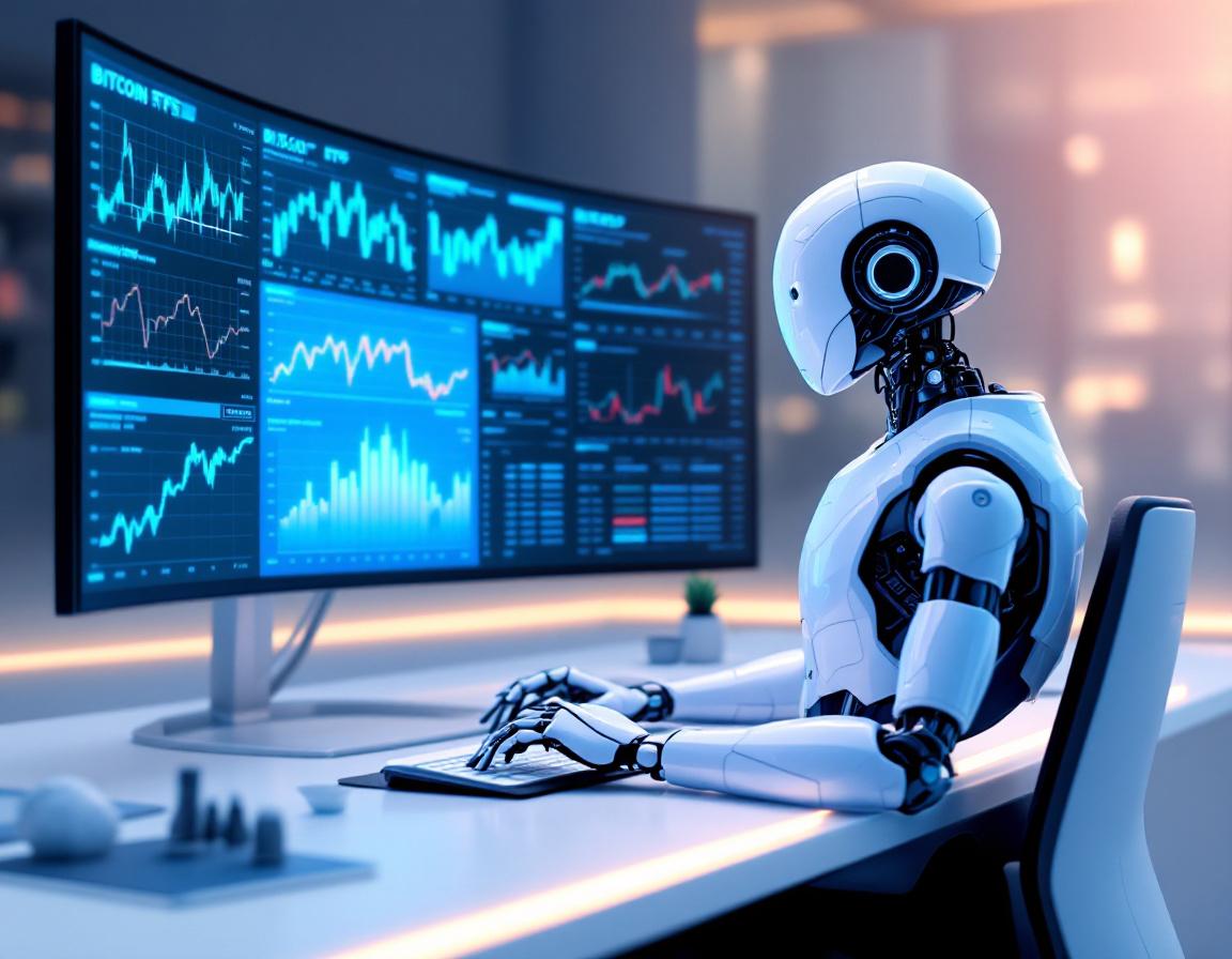 A humanoid AI trading bot analyzes market data at a futuristic workstation surrounded by screens.