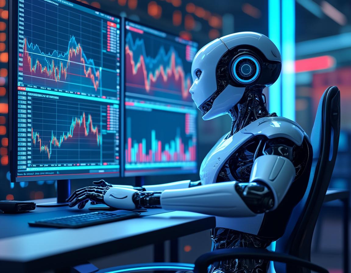 A humanoid AI trading bot at a high-tech workstation, analyzing market data on multiple screens.