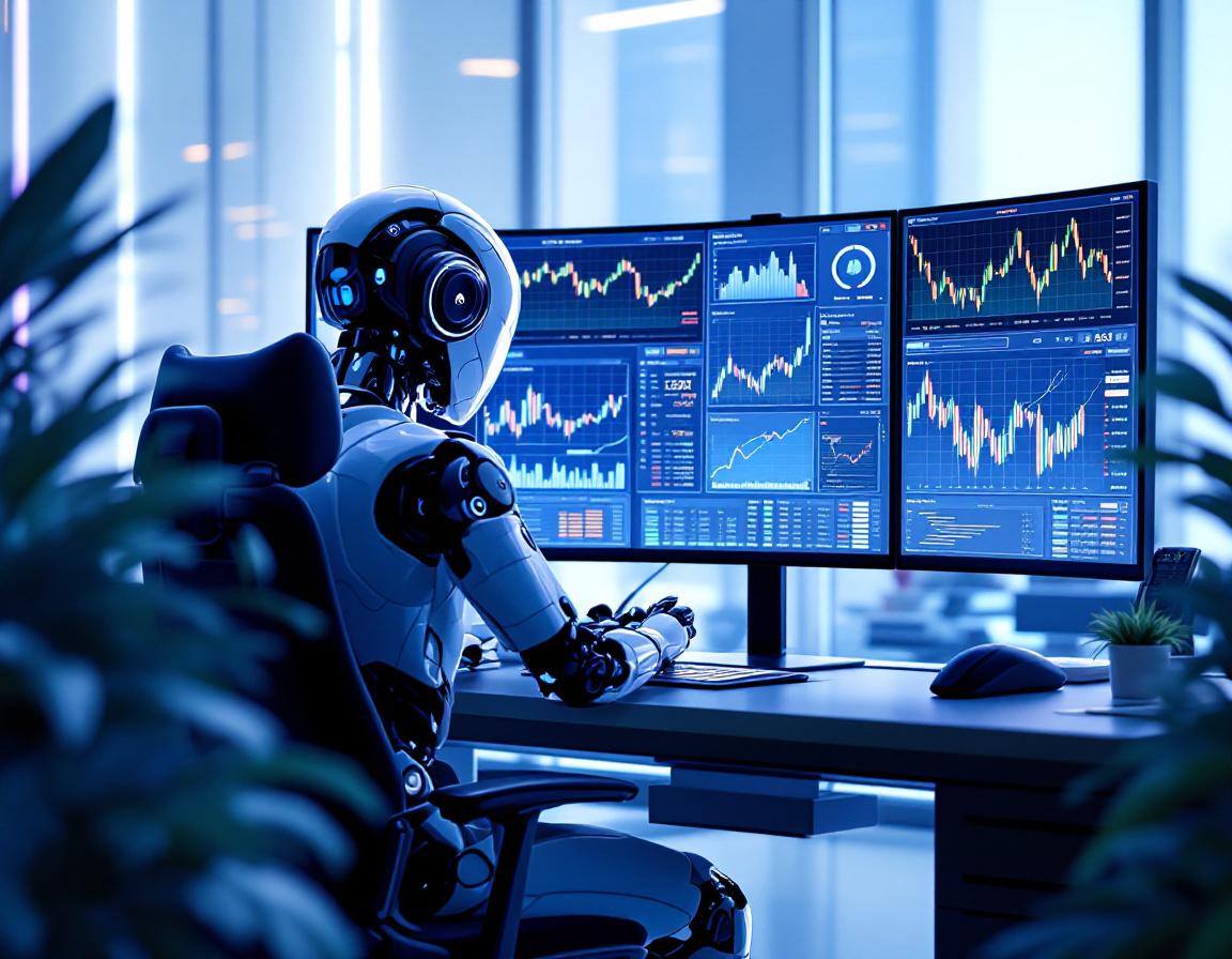 A hyper-realistic AI trading bot analyzes market data at a high-tech workstation, futuristic design.