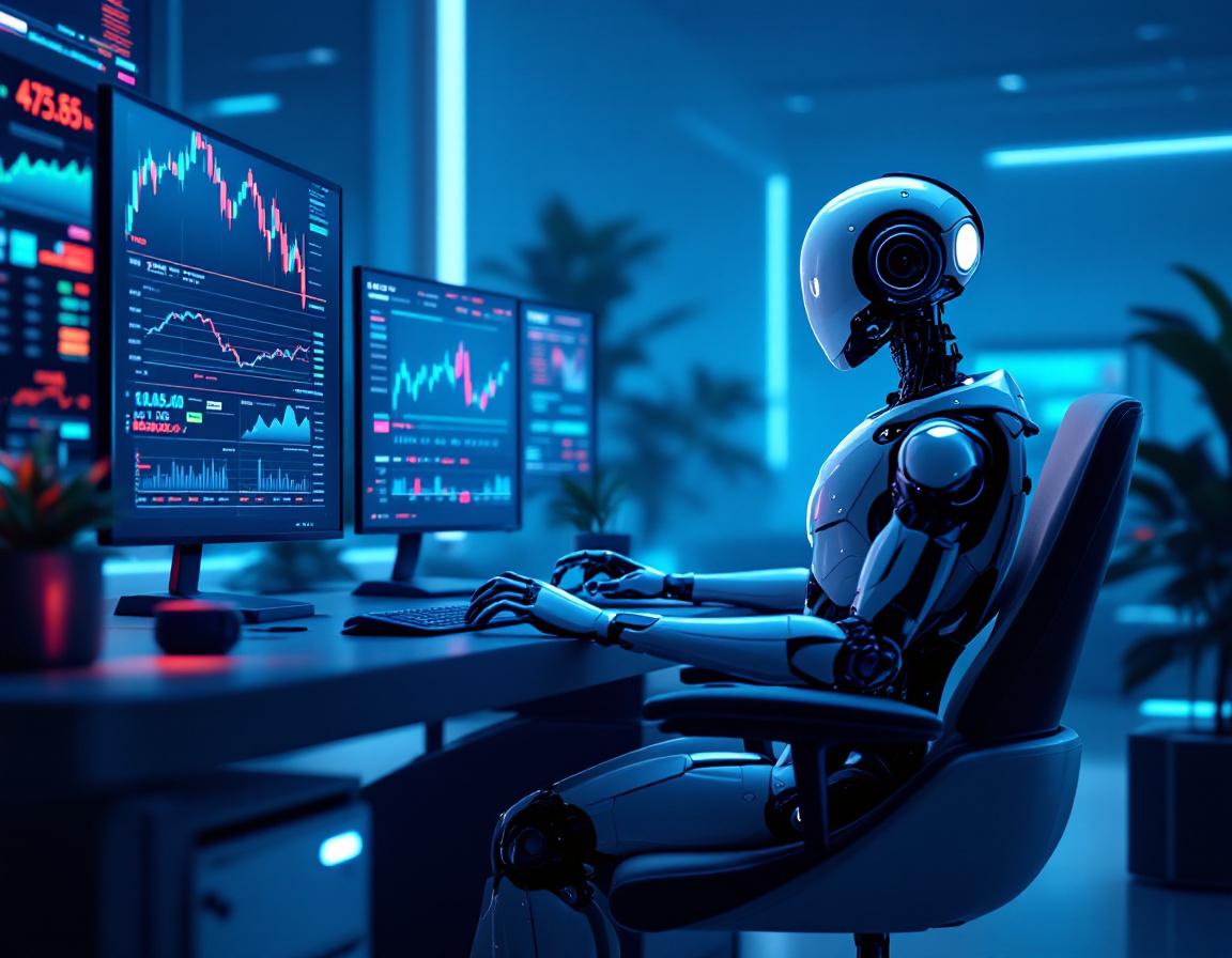 A hyper-realistic AI trading bot at a sleek workstation analyzing market data with multiple screens.