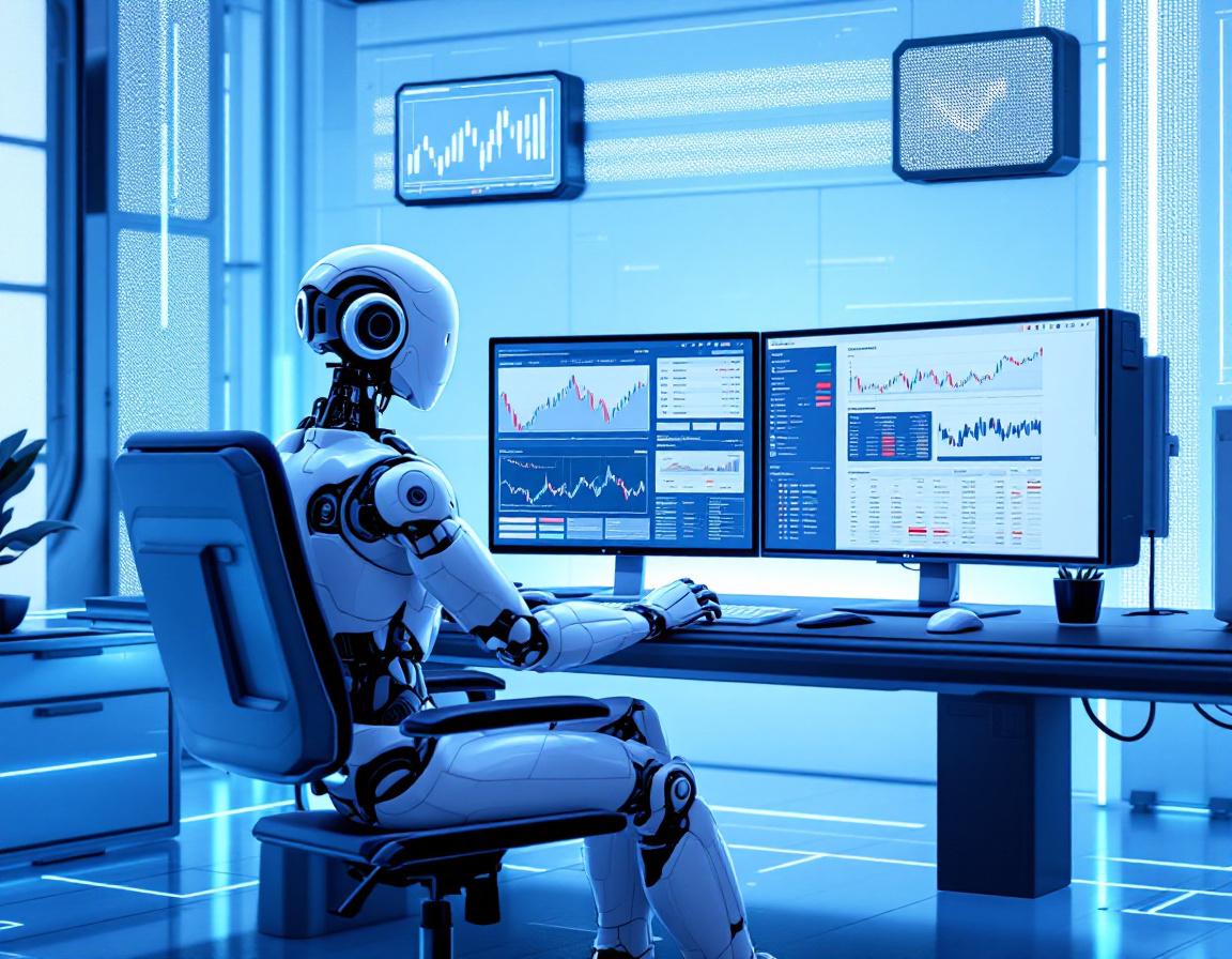 A humanoid AI trading bot at a high-tech workstation analyzing market data on multiple screens.