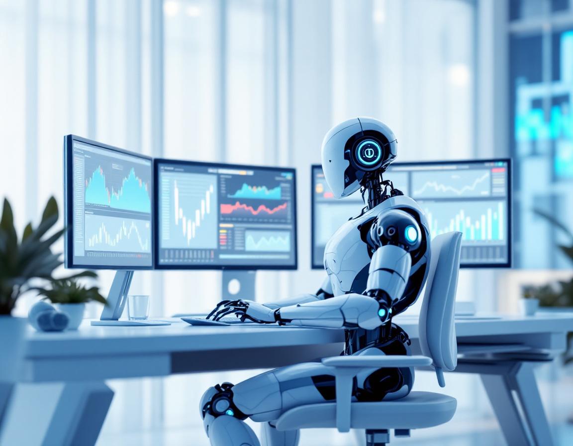 A hyper-realistic AI trading bot at a workstation, analyzing market data across multiple screens.