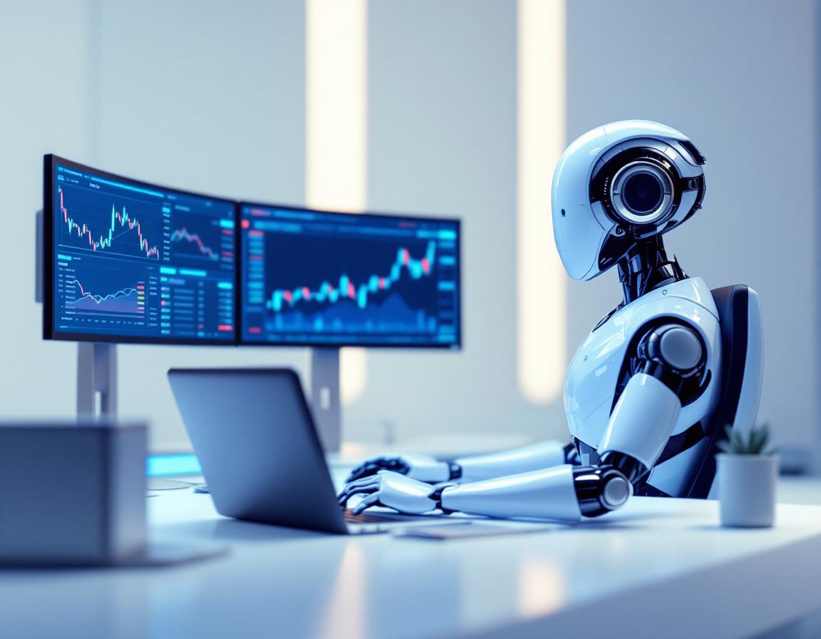 A hyper-realistic AI trading bot analyzing data at a high-tech workstation with multiple screens.