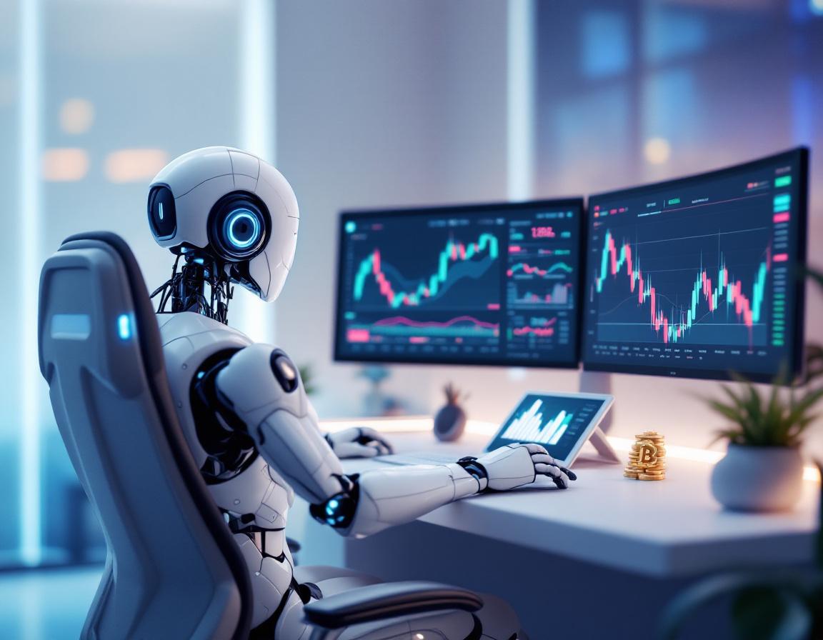 A humanoid AI trading bot at a high-tech workstation analyzing crypto data on multiple screens.