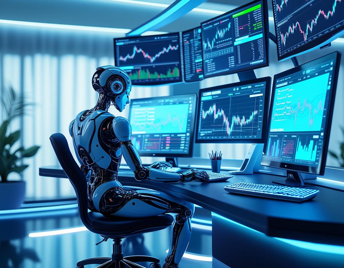 A hyper-realistic AI trading bot analyzes market data at a sleek workstation with multiple screens.