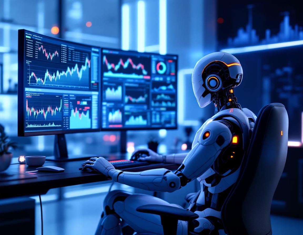 A humanoid AI trading bot at a high-tech workstation analyzes crypto graphs in a futuristic scene.