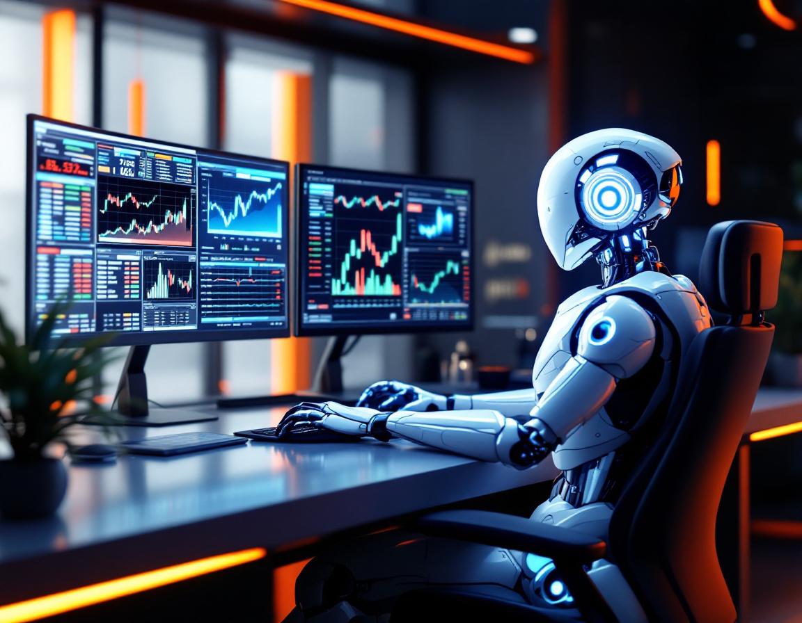 A humanoid AI trading bot analyzes market data at a high-tech workstation with dynamic screens.