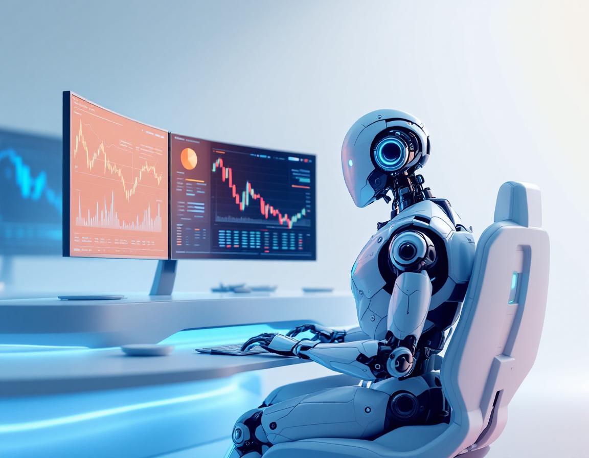 A humanoid AI trading bot analyzes market data at a futuristic workstation, surrounded by screens.