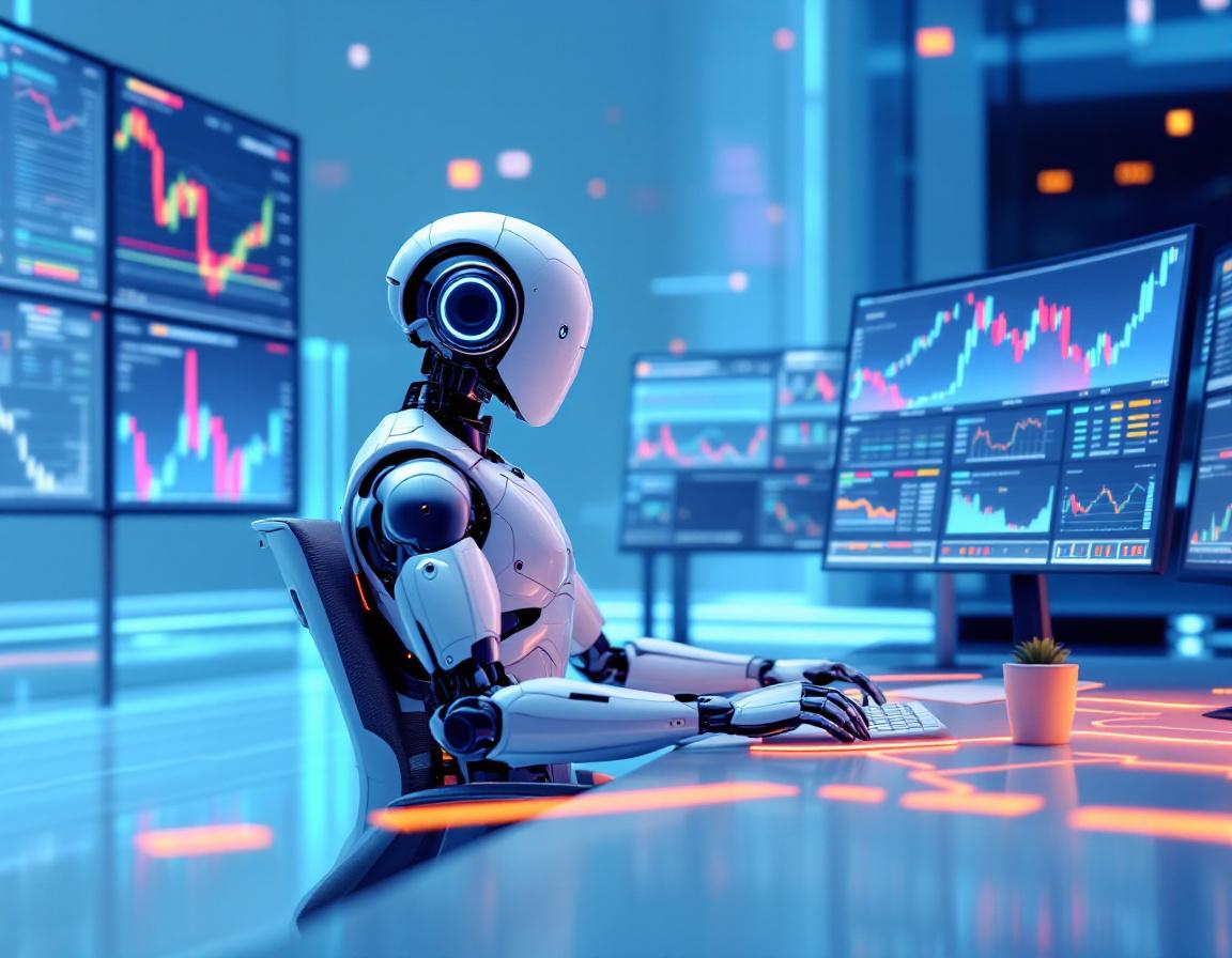 A hyper-realistic AI trading bot analyzes market data at a sleek workstation with multiple screens.