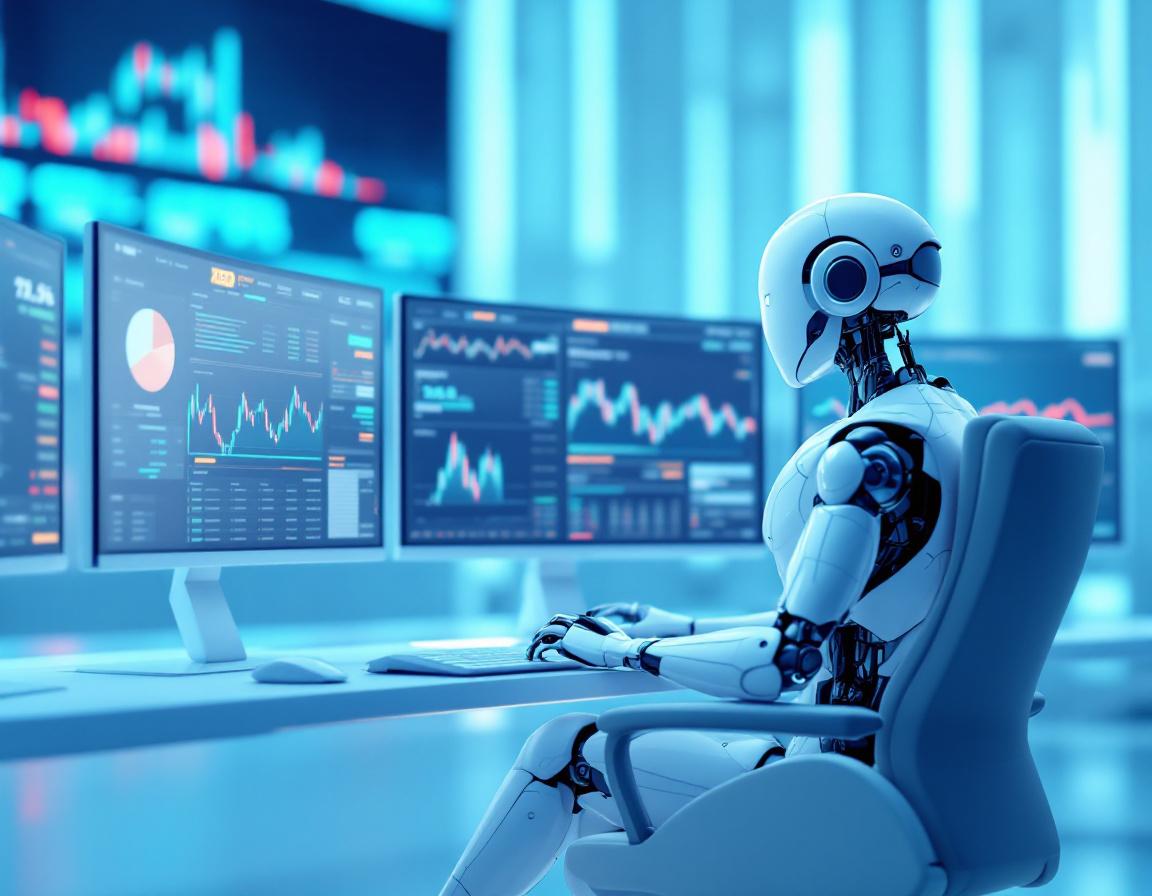 A humanoid AI trading bot analyzes market data at a high-tech workstation with multiple screens.