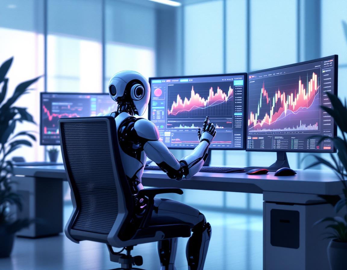 A humanoid AI trading bot analyzes market data at a high-tech workstation with multiple screens.