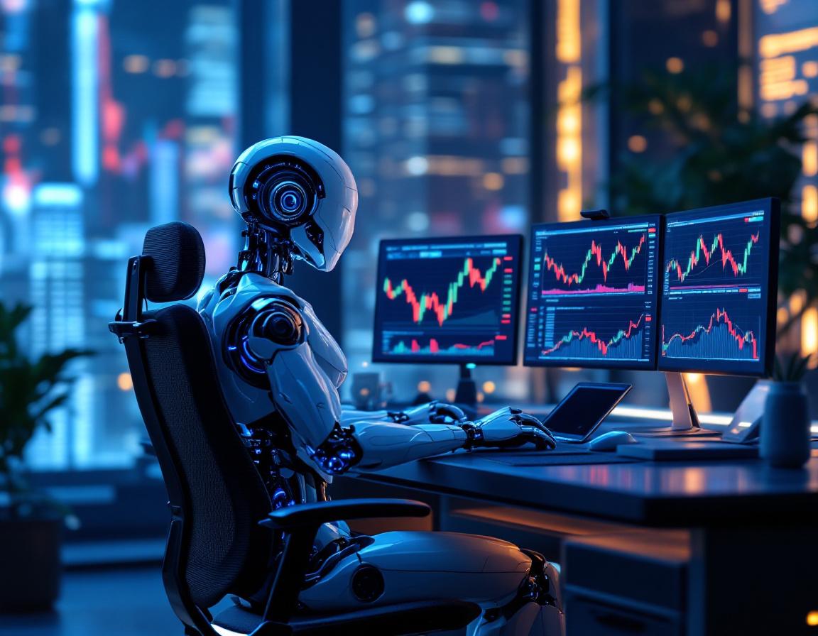 A hyper-realistic AI trading bot analyzes market data at a sleek workstation with multiple screens.