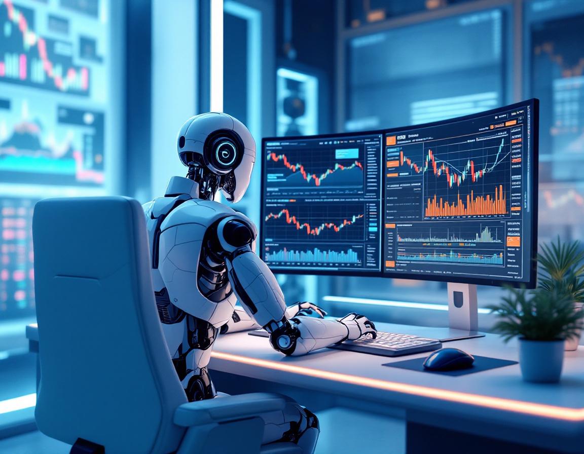 A humanoid AI trading bot analyzes market data at a high-tech workstation, multiple screens visible.