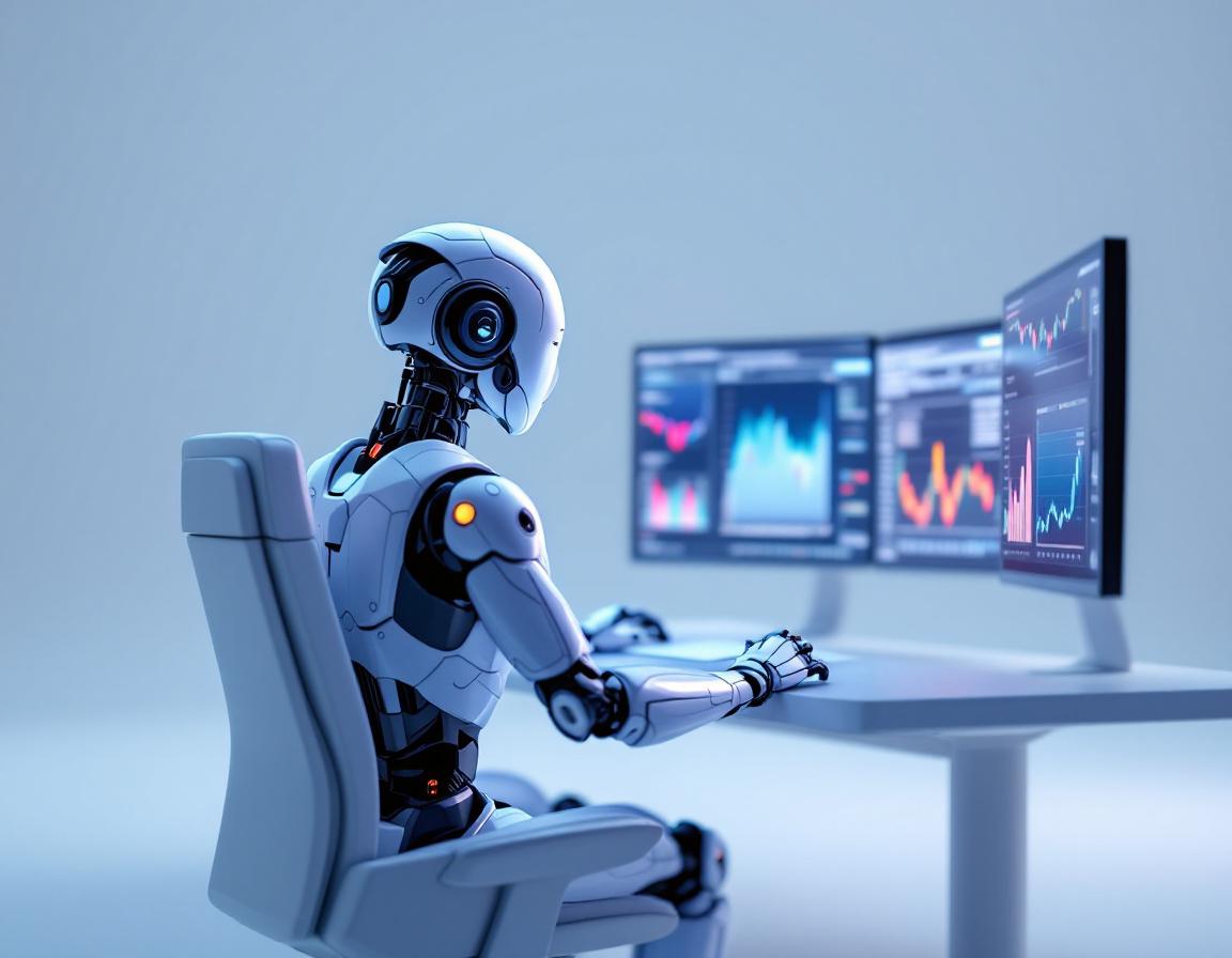 A hyper-realistic AI trading bot analyzes market data on multiple screens in a futuristic setting.