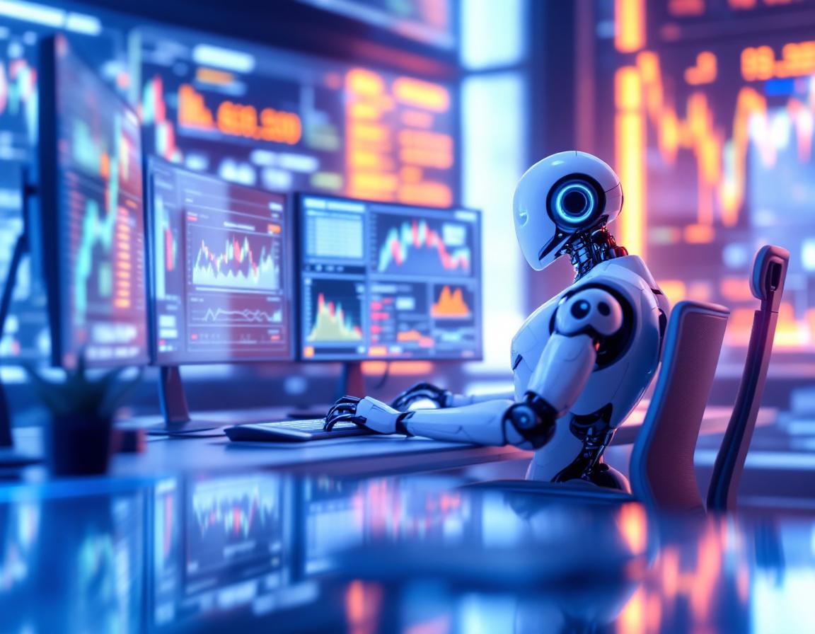 A hyper-realistic AI trading bot at a sleek workstation, analyzing crypto data on multiple screens.