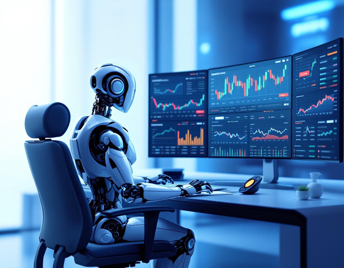A hyper-realistic AI trading bot analyzes market data at a high-tech station with vibrant screens.