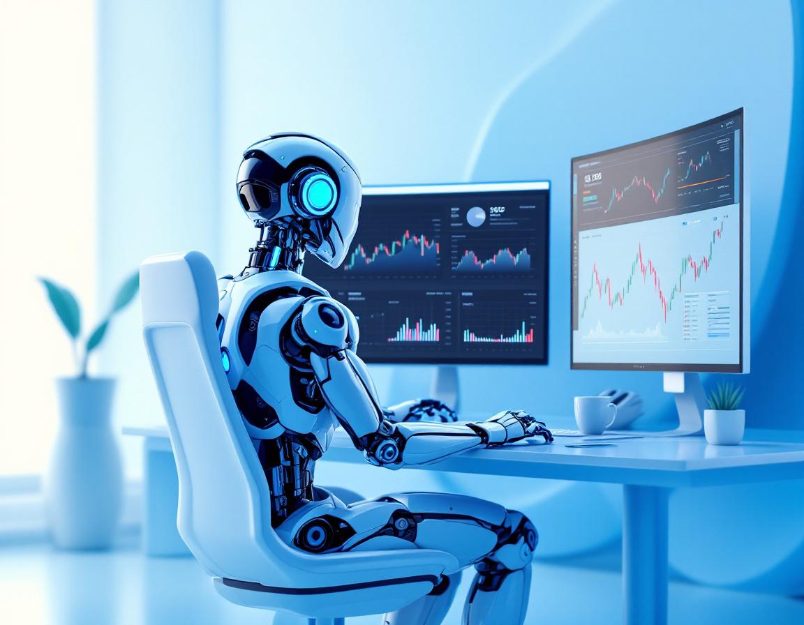 A humanoid AI trading bot at a high-tech workstation, analyzing market data on multiple screens.