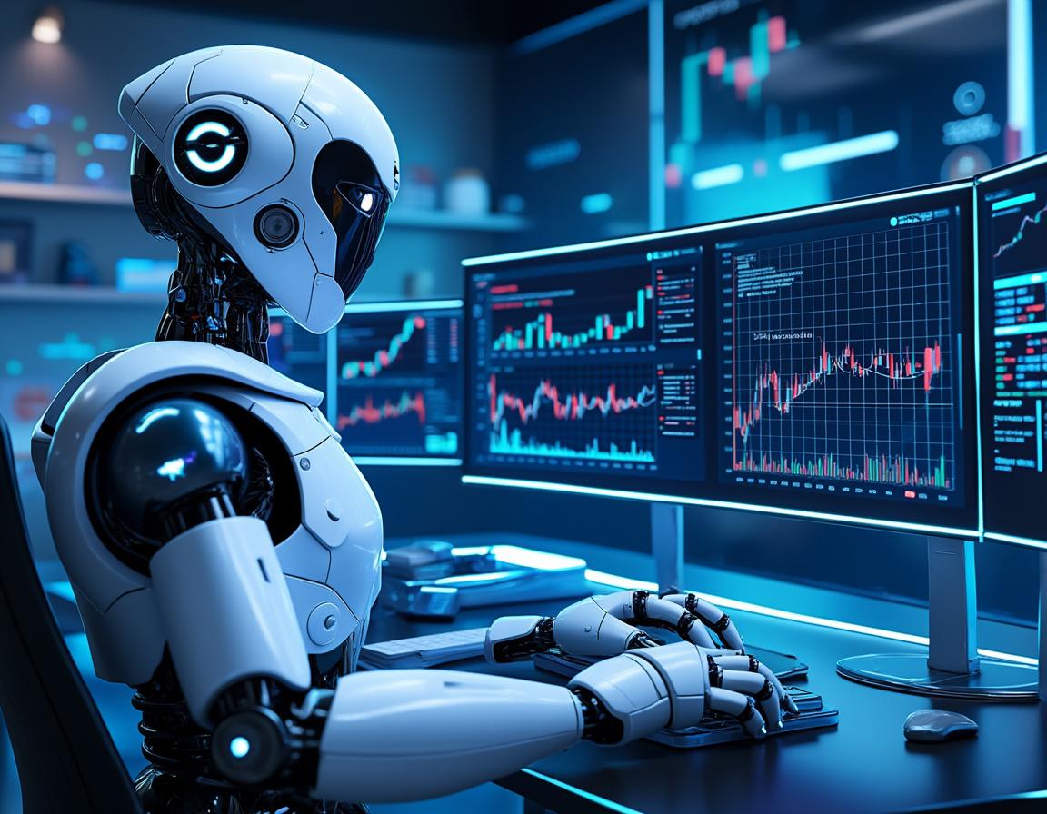 A humanoid AI trading bot analyzes market data at a high-tech workstation with multiple screens.
