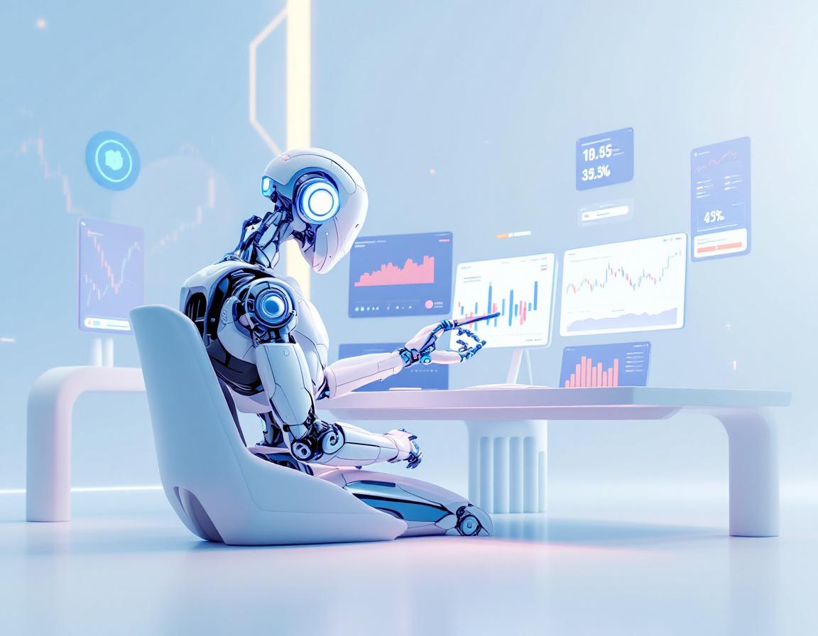 A hyper-realistic AI trading bot analyzes market data on multiple screens in a futuristic setting.