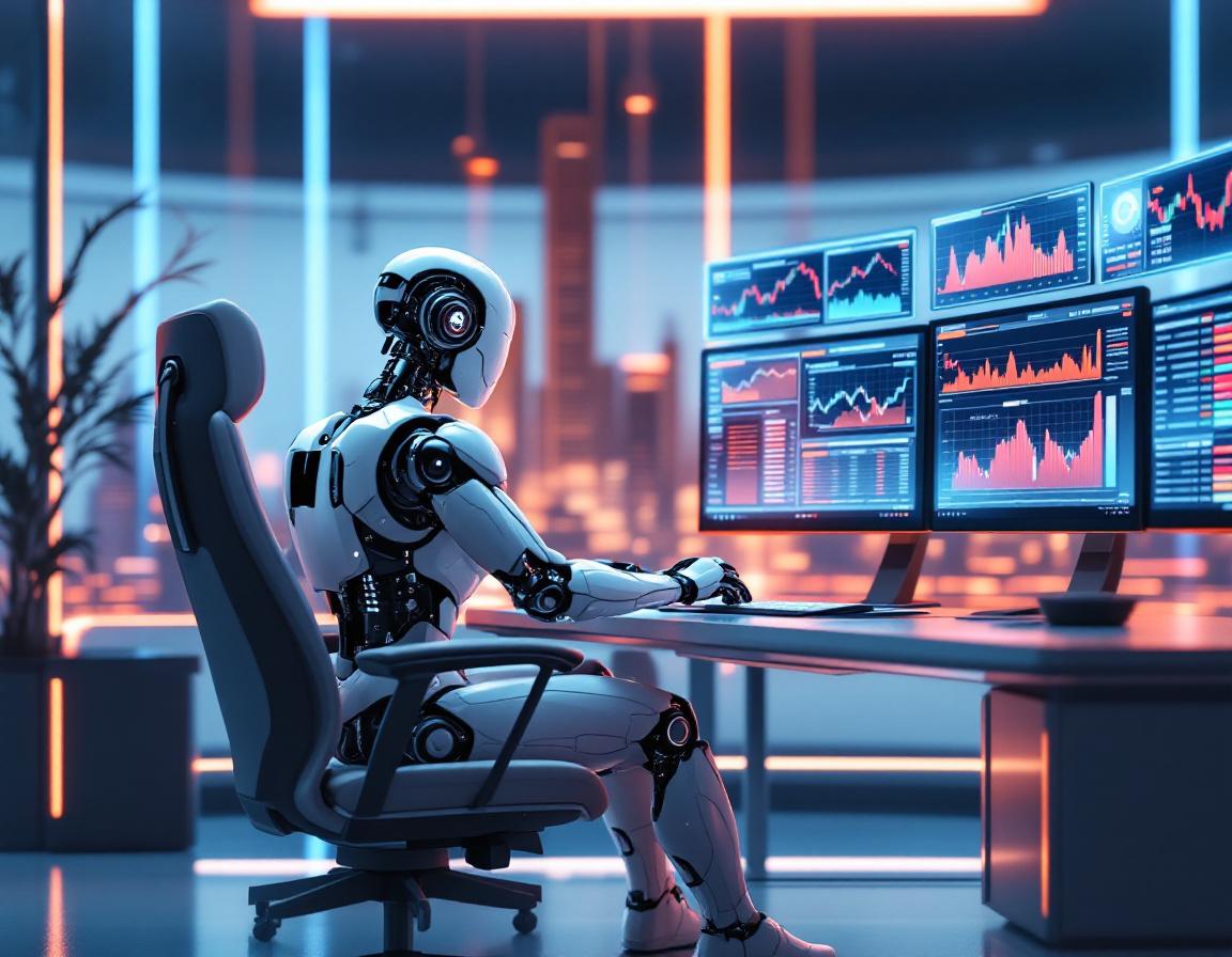 A hyper-realistic AI trading bot in a futuristic setting analyzing market data on multiple screens.