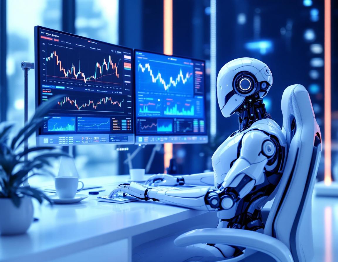 A hyper-realistic AI trading bot at a high-tech workstation, analyzing data on multiple screens.