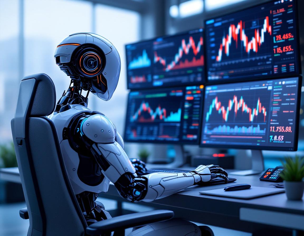 A futuristic AI trading bot analyzes market data at a high-tech workstation with multiple screens.