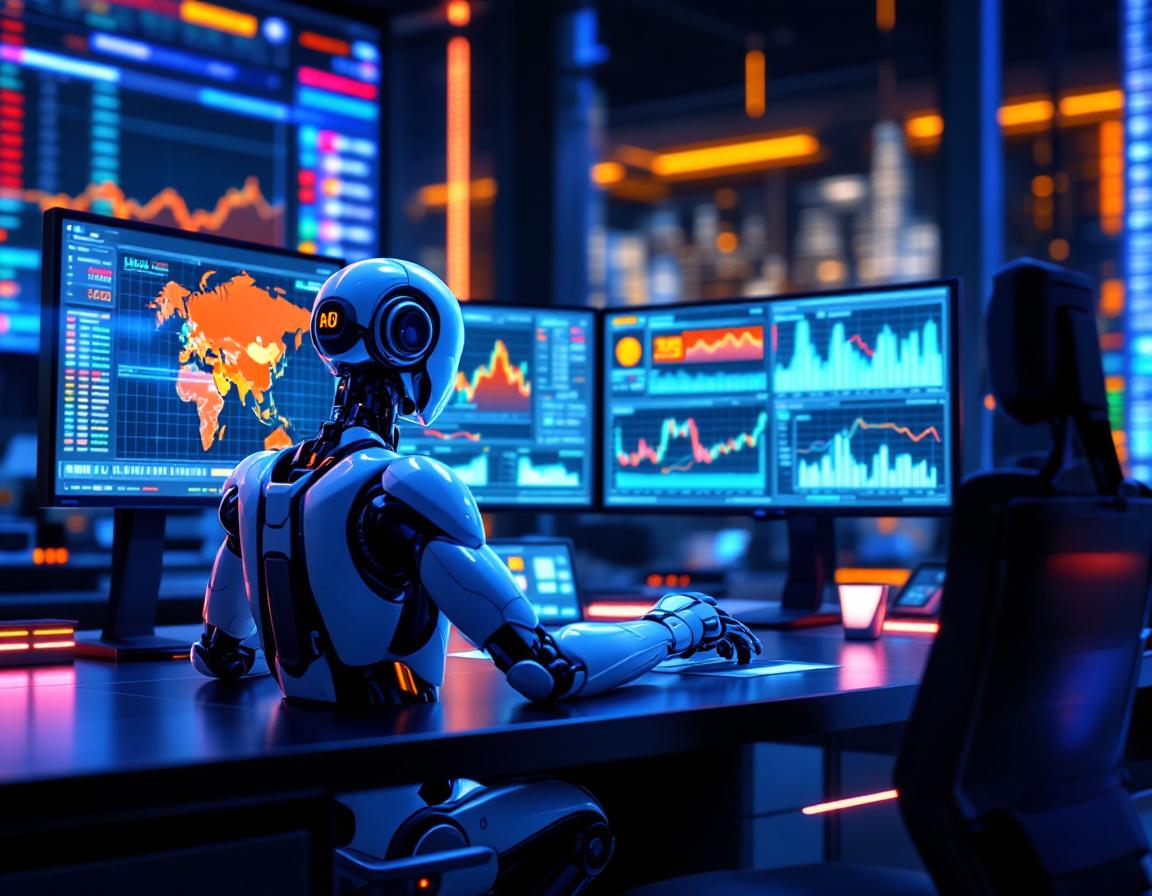 A hyper-realistic AI trading bot analyzes market data at a sleek workstation with multiple screens.