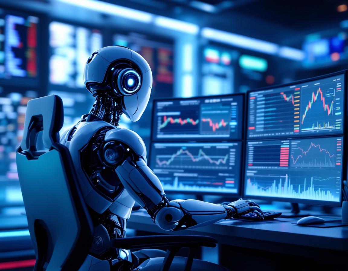 A hyper-realistic AI trading bot in a futuristic setting analyzing crypto and stock market data.