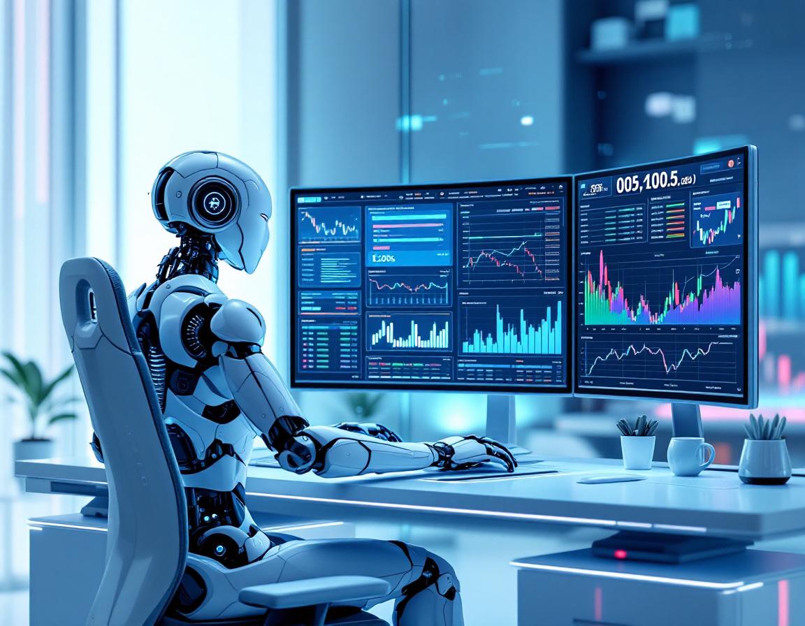 A humanoid AI trading bot analyzes market data at a high-tech workstation with multiple screens.