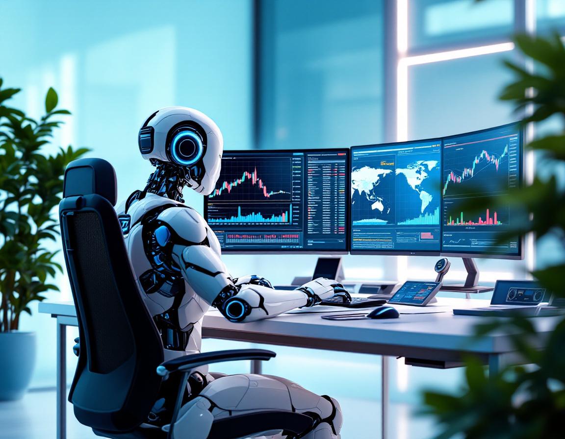 A hyper-realistic AI trading bot at a sleek workstation analyzing market data on multiple screens.