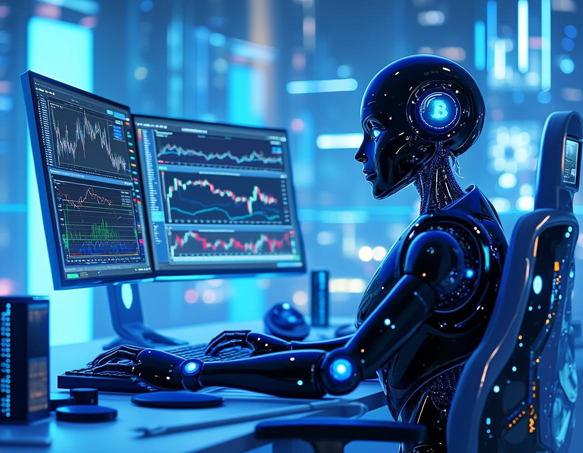 A sleek humanoid AI trading bot analyzes market data on multiple screens in a high-tech setting.