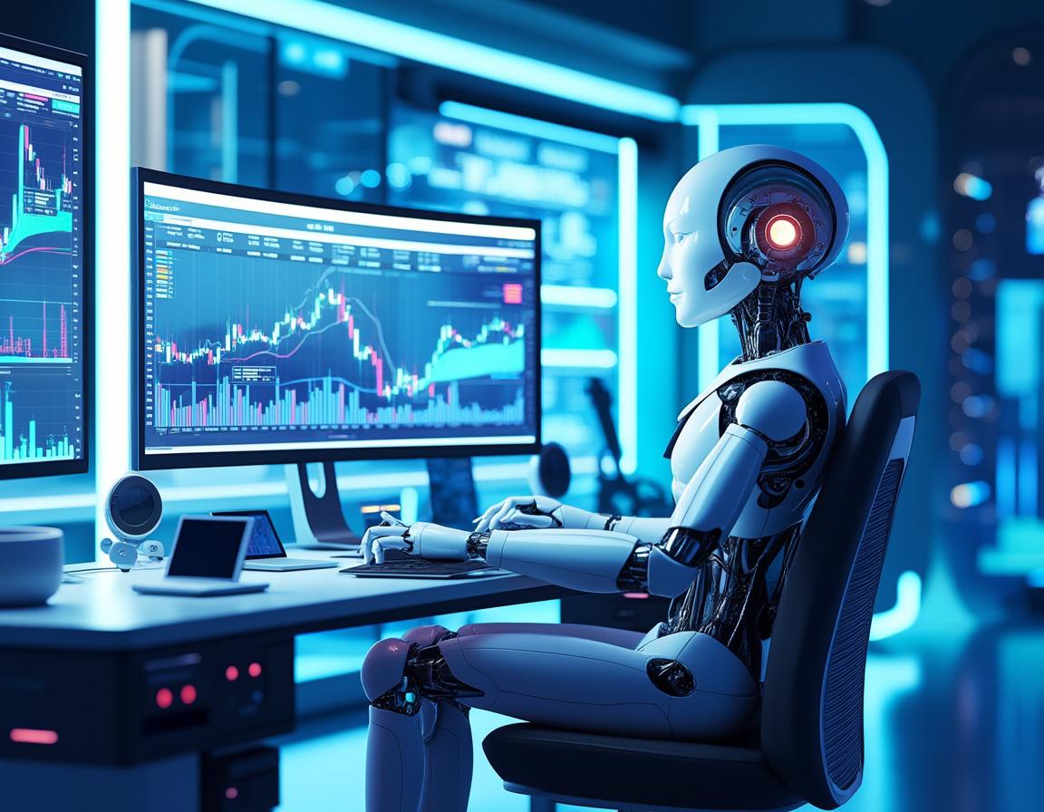 A hyper-realistic AI trading bot analyzes market data on multiple screens in a futuristic setting.