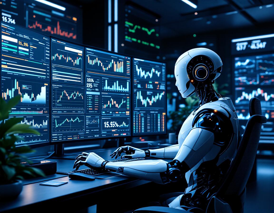 A hyper-realistic AI trading bot in a futuristic workspace analyzing crypto and stock market data.